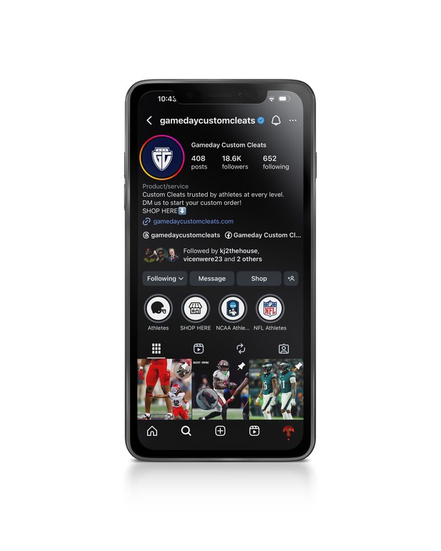 Gameday Custom Cleats Instagram profile using the shield icon as the avatar